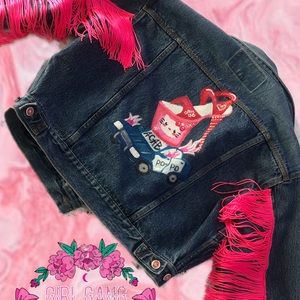 Bugle boy custom painted and hand sewn fringe denim jacket